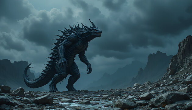 A large monster stands on a rocky landscape under a cloudy sky