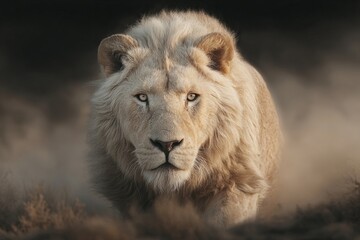 Obraz premium A majestic white lion with piercing eyes stares directly at the camera in a dramatic, sunlit savanna setting.