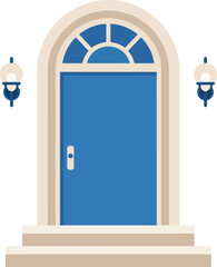 Classic blue front door with an arched fanlight window beige frame and matching wall sconces.
