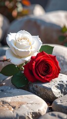 Two roses, red and white, nestled amongst smooth, grey river stones under dappled sunlight
