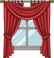 Classic red curtains with a swag valance and tiebacks on a wooden rod over a window.