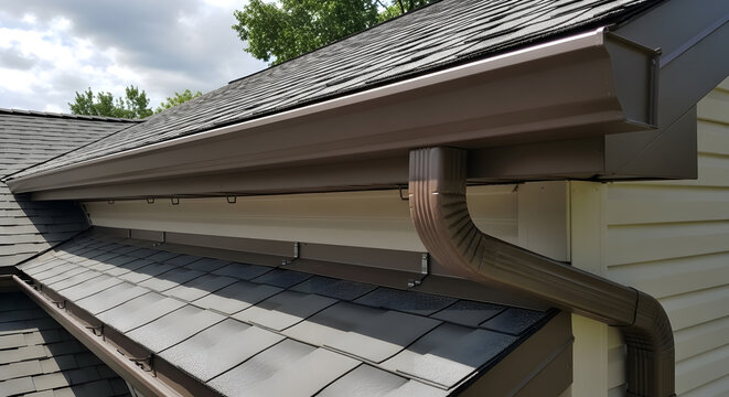 Brown aluminum rain gutter system installed on a residential roof