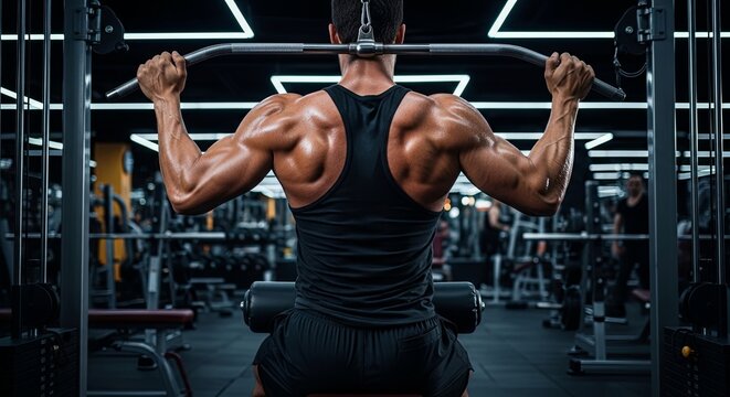 Muscular Man Performing Lat Pulldown Exercise in Gym.