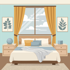 Cozy modern bedroom interior illustration with a large window yellow curtains and botanical art prints.