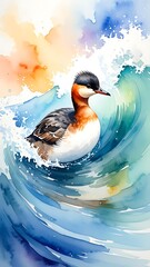 Watercolor of a red-necked grebe swimming in a stylized wavy ocean with a soft, blended orange and blue background
