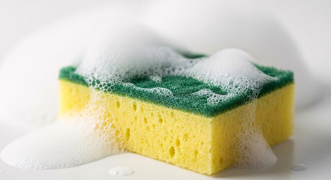 Yellow kitchen sponge with green top covered in white soap suds on white surface for cleaning