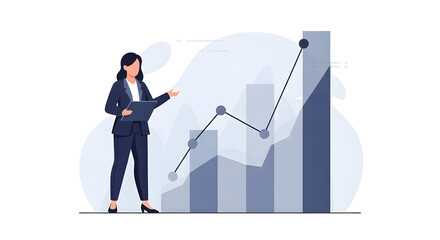 Obraz premium Professional businesswoman analyzing a detailed financial growth chart, presenting key insights and strategic development plans for future business success and corporate progress