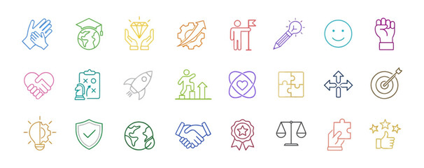 Assorted colorful icons representing various concepts and ideas displayed on a clean white background from a straightforward viewpoint