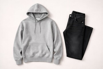 A gray hoodie and black jeans are placed side by side on a light background showing a simple outfit for casual wear