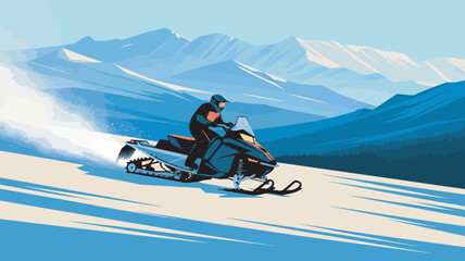 A person riding a snowmobile through a snowy mountain landscape with a clear blue sky