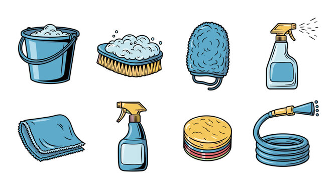A collection of cleaning supplies including a bucket, sponge, cleaner spray, gloves, and cloth in colorful cartoon vector style, ideal for home maintenance and cleaning projects