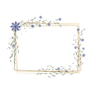 Delicate blue watercolor flowers and green leafy vines adorn a subtle golden rectangular frame. This artistic border provides an elegant space for text or design.