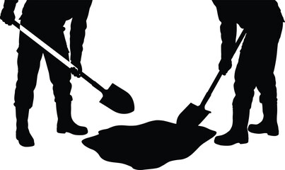 Two construction workers silhouettes with shovels digging or cleaning, manual labor, industrial teamwork, building site workers, flat vector illustration isolated on white. © Shafiqul