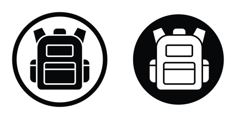 Circular backpack icon set. Black and white round symbols representing school bags, luggage storage, or hiking gear locations.