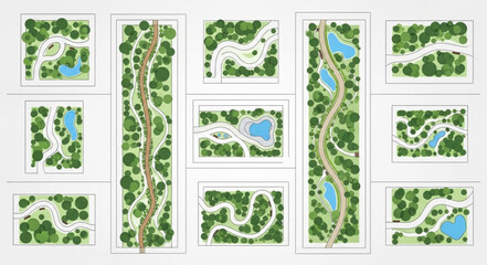 Detailed aerial view of park maps showcasing trails, trees, and water features. © Jaganchan