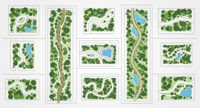 Detailed aerial view of park maps showcasing trails, trees, and water features.