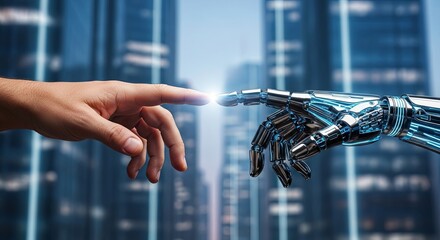 Human hand and robotic hand almost touching, symbolizing the profound connection between humanity and artificial intelligence in a futuristic urban landscape.