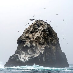 Sea stack with birds roosting & flying above. Ocean waves at base, hazy background. Gray, white, and brown tones dominate