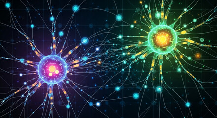 Obraz premium Vibrant neurons with glowing connections on dark background neural network concept