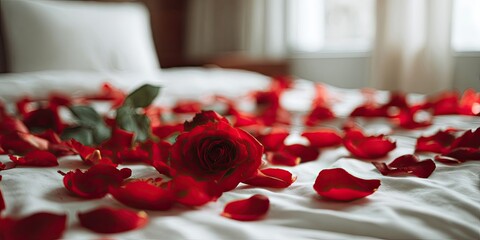 Close up of many red flowers, rose petals on comfortable white sheet in hotel room.