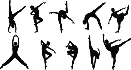 Dynamic dancer silhouette collection, modern ballet and contemporary dance poses isolated on white background © MSTMONIRA