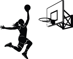 Female basketball player dunk silhouette, dynamic sports action isolated on white background © MSTMONIRA