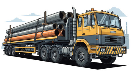 Naklejka premium A large industrial yellow truck loaded with heavy metal pipes on its flatbed trailer