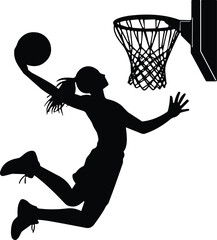 Female basketball player dunking silhouette, dynamic sports action isolated on white background © MSTMONIRA