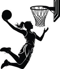 Female basketball player silhouette dunking ball, dynamic sports action isolated on white background © MSTMONIRA