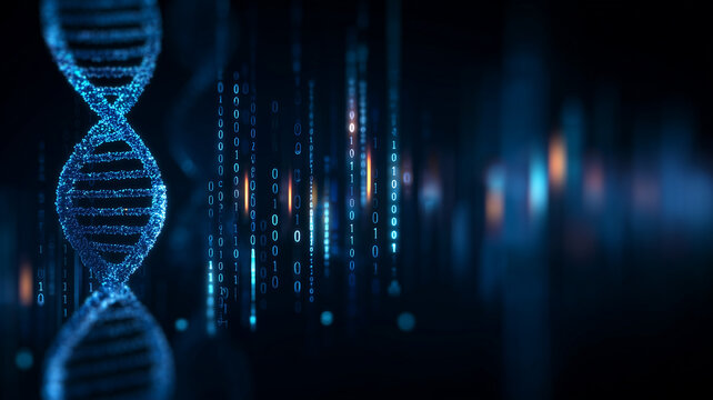 バイナリコードとDNAらせんのデータ解析イメージ｜ゲノム&times;AI医療テクノロジー（デジタル解析寄り）