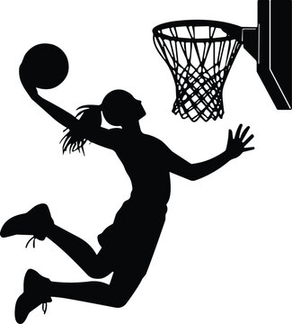 Female basketball player dunking silhouette, dynamic sports action isolated on white background