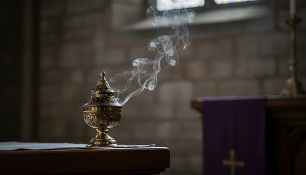 Ornate golden incense burner releasing aromatic smoke in a solemn church, central to the spiritual Ash Wednesday worship ritual concept