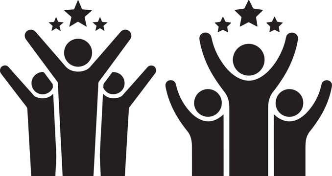 Successful team celebrating victory with raised arms and stars, concept of achievement and recognition, graphic icons