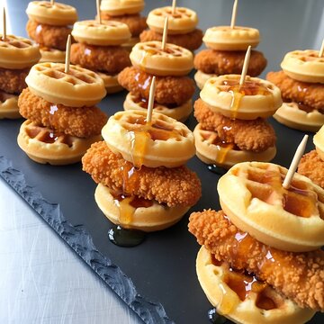 Mini Chicken and Waffle Sliders Appetizer on Skewers Background