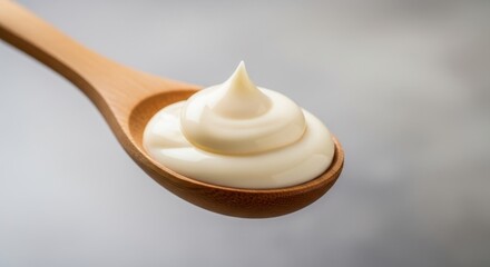 Velvety smooth mayonnaise dollop on a wooden spoon, ready for culinary use