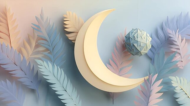 Pastel colored paper cutout of a crescent moon surrounded by leaves and a geometric shape.