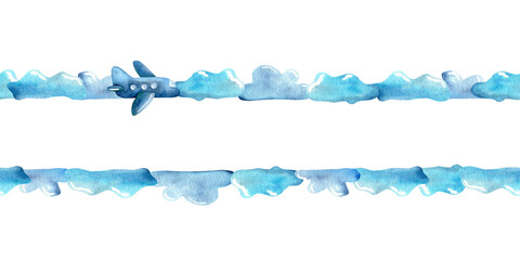 Watercolor illustration of a small blue airplane flying through blue clouds with a white background, depicting travel and aviation themes.