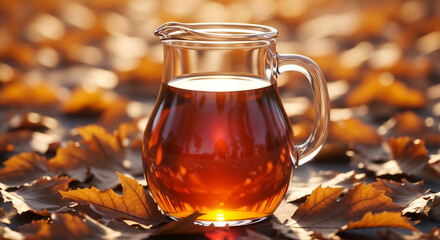 Apple cider jug in fallen leaves symbolizing fall warmth and harvest celebration