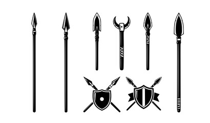 Ancient Spear Icon Set Viking Greek Weapon Silhouette Crossed Spears Vector Collection Transparent Background © MdYeasin