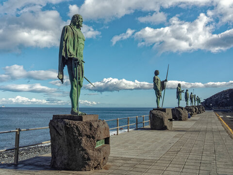 Guanche kings statues standing along candelaria coast