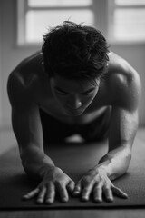 Japanese male performing a mat Pilates roll-up exercise. Precise, controlled core-focused movement. Asian man exercising pilates workout, healthy lifestyle.