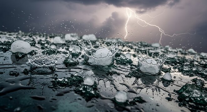 Hail Storm with Lightning in Dark Cloudy Sky