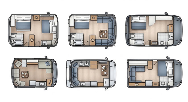 Detailed overhead view of various RV floor plans showcasing interior layouts.