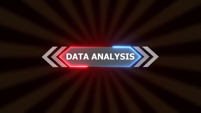 Futuristic Data Analysis Text Animation: Neon HUD Gaming Title with Red and Blue Glow on Sunburst Motion Graphics Background