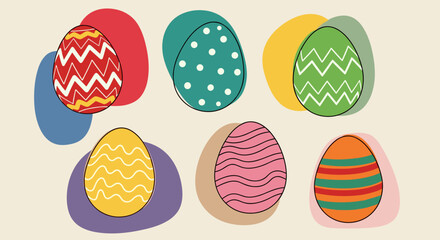 A set of six colorful decorated Easter eggs in a flat minimalist vector style, perfect for spring holiday designs
