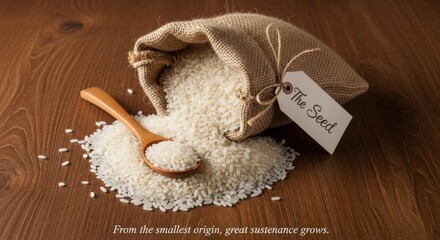 Fototapeta premium Bag of Rice Spilling With a Wooden Spoon, Tagged 'The Seed', Suggesting Origin and Sustenance