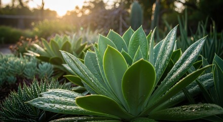 Fototapeta premium Lush Green Succulent Plant with Dew Droplets in Sunlight