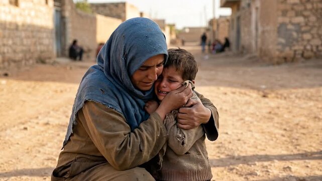 Mother Mary embracing and comforting a crying child in a village