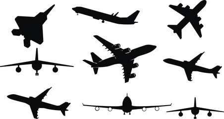 Airplane silhouette vector set featuring multiple aircraft views isolated on gray background for aviation design, travel concepts, transportation themes, and commercial branding projects © Vector World