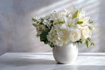 Fototapeta premium Elegant white floral bouquet in ceramic vase on marble surface